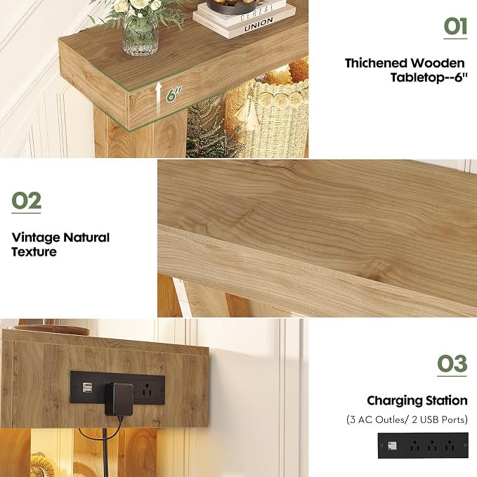 Unikito 47" Entryway Table with Socket and Sensor Light, Narrow Console Table with Storage Behind Couch, Farmhouse Entry Way Tables with Open Storage for Entrance/Hallway/Living Room, Natural Oak