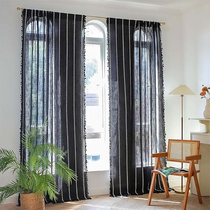 RoomTalks Black Boho Farmhouse Curtains for Bedroom Living Room 63 Inch Length 2 Panles, French Country Halloween Gothic Cute Textured Window Curtain Panels Bohemian Vintage Tassel Draperies