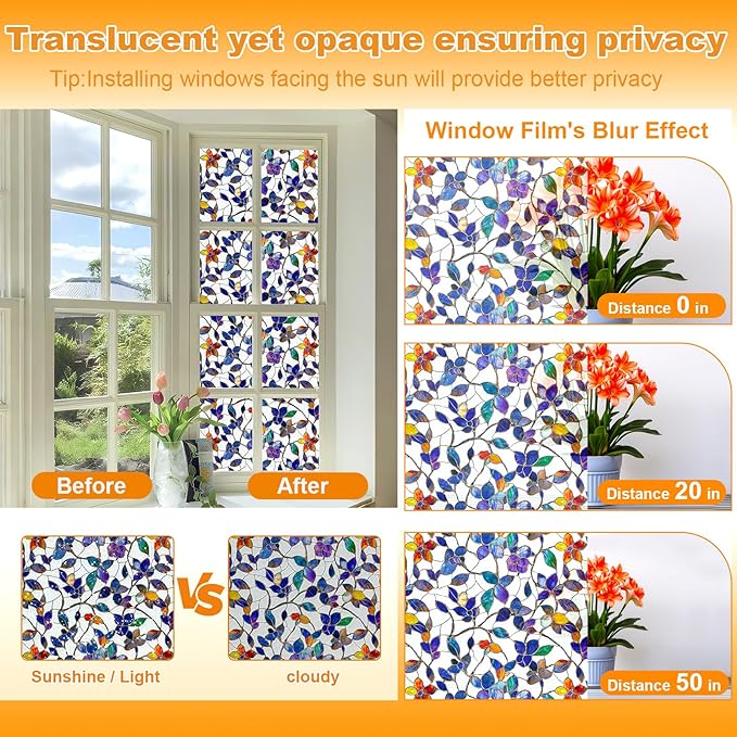 COUNTEWOL Window Privacy Film with Installation Tools Home Decorative Colored Glass Window Stickers Reusable electrostatic Rainbow Stickers (Frosted Stained Leaf, 23.6 x 78.7 in)