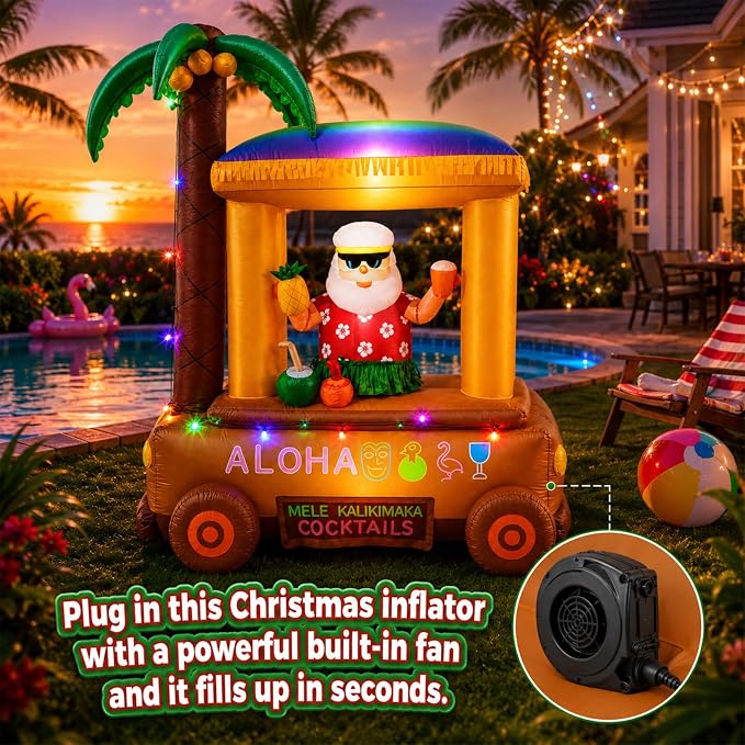 Leyndo Christmas in July Inflatable, 7 ft Christmas Inflatables Hawaiian Beach Santa at Bar Decorations, Built-in Led, Outdoor Xmas Blow up for Tropical Hawaiian Luau Holiday Beach Party Supplies