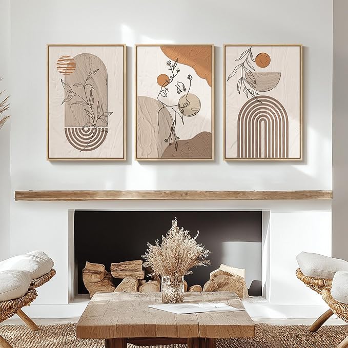 Framed Earth Tone Boho Abstract Wall Art Bedroom, 3 Piece Neutral Modern Bohemian Paintings Prints Canvas Artwork for Walls, Boho Triptych Pictures for Living Room Home Office Wall Decor, 16x24 Inch