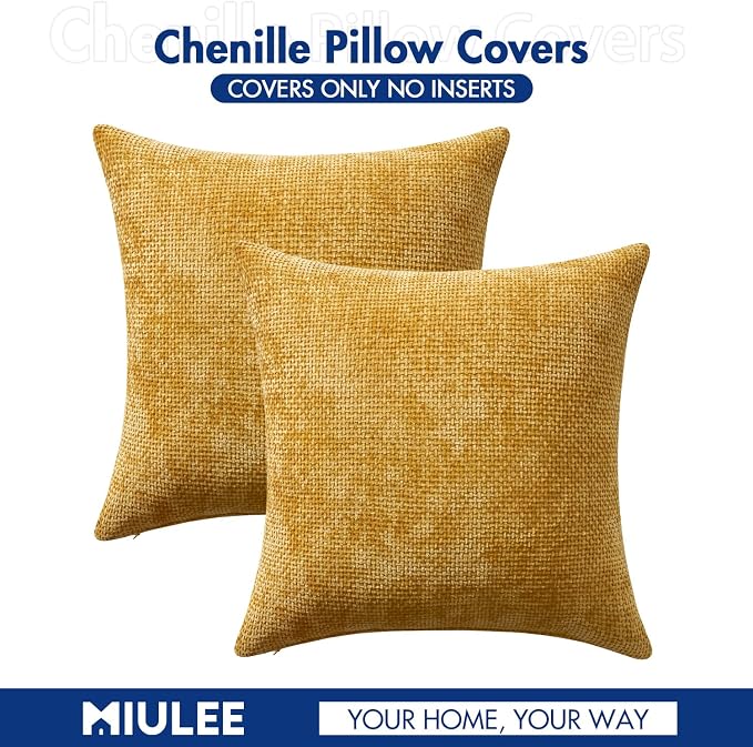 MIULEE Pack of 2 Gold Throw Pillow Covers 16x16 Inch Mustard Yellow Summer Modern Boho Accent Decorative Pillow Covers Soft Chenille Farmhouse Cushion Covers for Home Decor Couch Bed Sofa Living Room