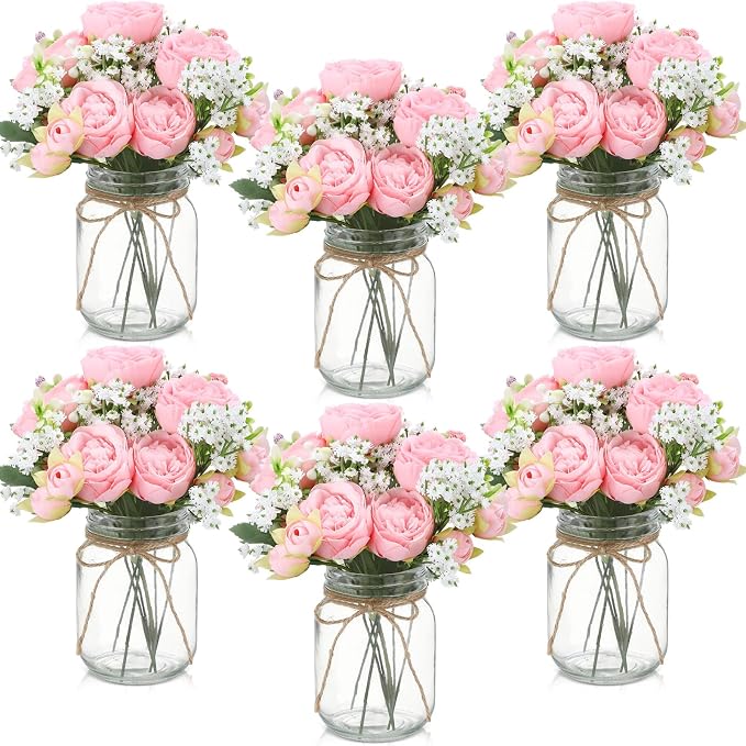 Zeyune 6 Sets Mason Jar Centerpiece Table Decorations, Artificial Peony Baby's Breath Flower Bouquets, Faux Flowers with Vase, Rustic Decor Gifts for Home, Wedding, Holiday (Light Pink)