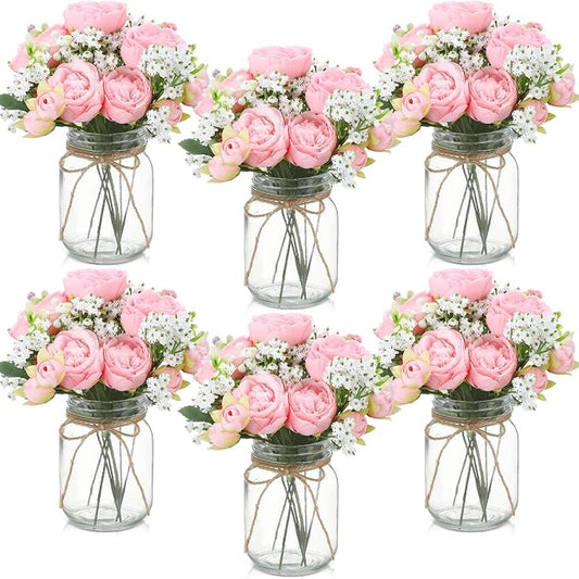 Zeyune 6 Sets Mason Jar Centerpiece Table Decorations, Artificial Peony Baby's Breath Flower Bouquets, Faux Flowers with Vase, Rustic Decor Gifts for Home, Wedding, Holiday (Light Pink)