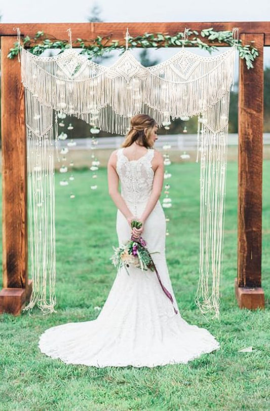 kiido Large Macrame Wedding Backdrop for Arbor/Arch Bohemian Wall Hanging Decor Boho Doorway/Window Curtains Room Divider Home Geometric Art Decor Beautiful Room Decoration-Crown 63" W x 78" L
