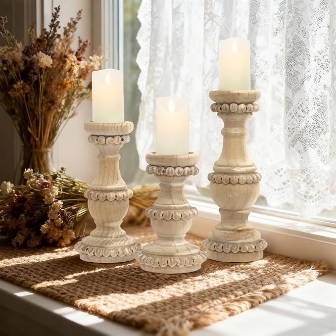 Farmhouse Wooden Candle Holders for Pillar Candles, Set of 3 Vintage Wooden Beaded Candle Holder, Tall Candle Stand Decorative for Living Room, Table Centerpiece (Natural)