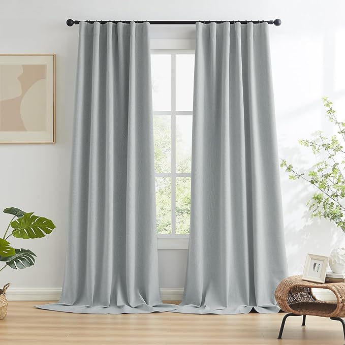 KEQIAOSUOCAI Short Full Blackout Linen Curtains Natural Back Tab Rod Pocket Narrow Curtain Panels for Small Window Cafe Kitchen Curtains 45 Inch Length, 2 Panels,Light Grey, W34 x L45