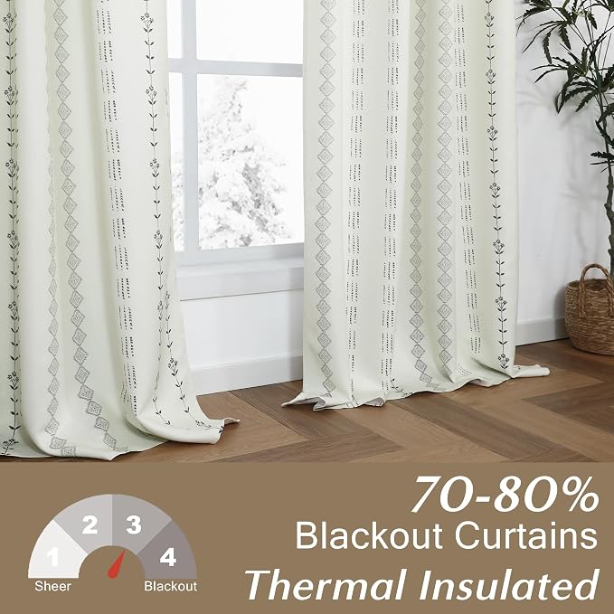Cream and Black Boho Farmhouse Curtains, Modern Striped Pattern Semi Blackout Drapes for Bedroom Living Room, 84 Inches Long