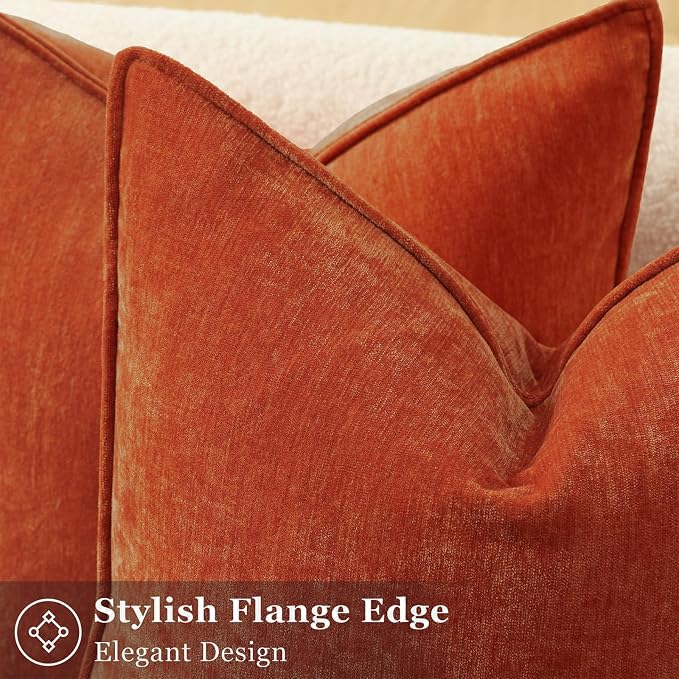 decorUhome Fall Couch Euro Sham Throw Pillow Covers 26x26 Set of 2, Decorative Soft Velvet Modern Cozy Chenille Pillow Cases with Elegant Design for Sofa Bed Living Room Home Decor, Rust