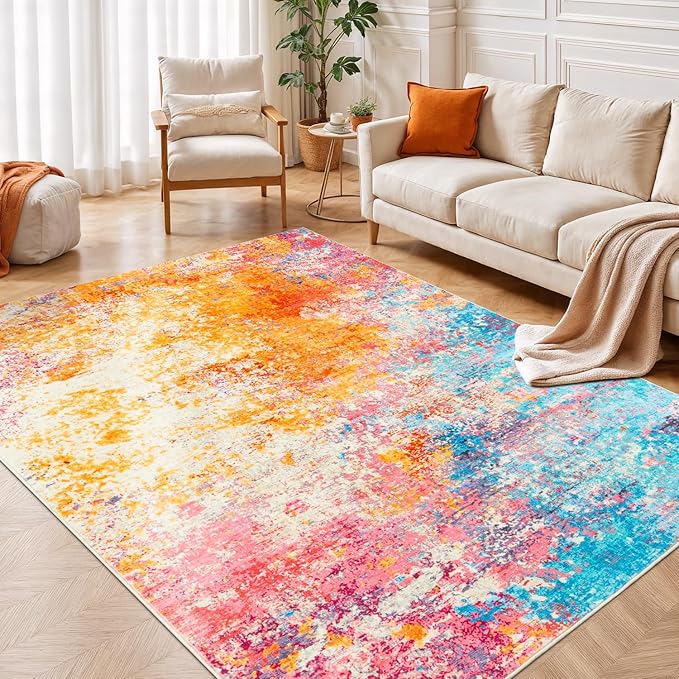 Rugflix 4x6 Area Rugs for Living Room, Washable Colorful Rainbow Rug Stain-Resistant Low Pile, Large Carpet Non-Slip for Kids Girls Room Nursery Bedroom Home Office
