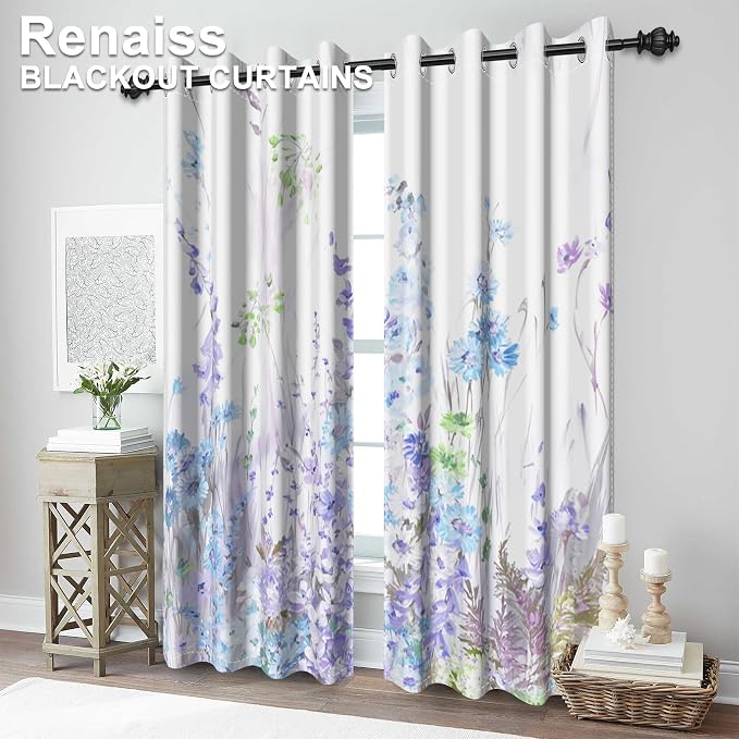 Renaiss Purples Blue Floral Print Blackout Curtains, Pastel Wild Flowers Thermal Insulated Bedroom Window Curtains, Spring Floral Art Window Drapes for Living Room, 63" L x 42" W 2 Panel Set