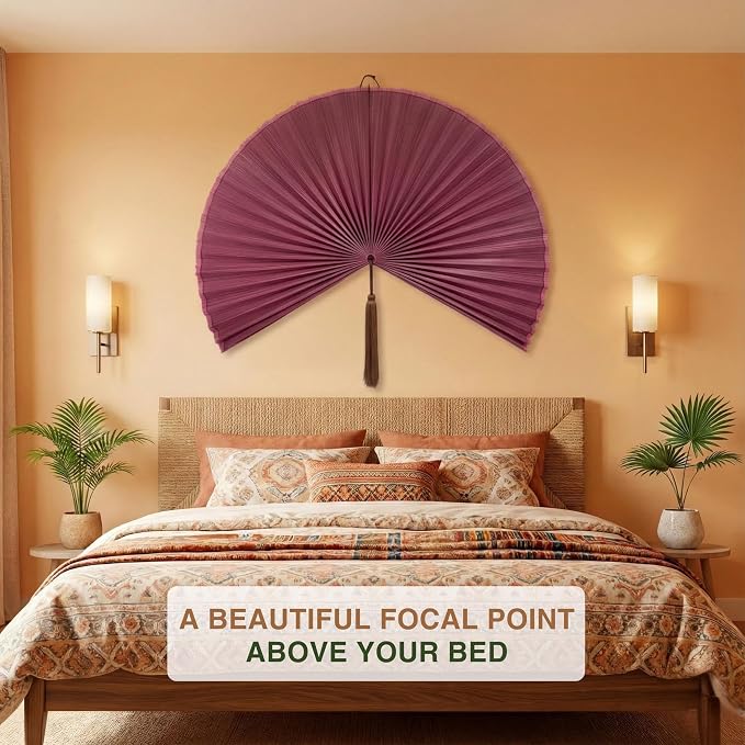 SUCHUBU Decorative Pink Wall Fan, 47" Handcrafted Asian Wall Decor, Large Japanese Art Hanging, Pastel Boho Chic Decor, Elegant Bamboo Weaving for Living Room (Pink, Large)