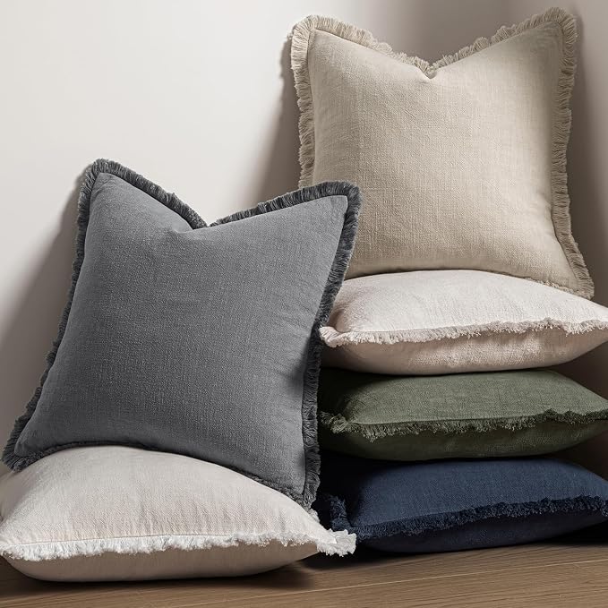 MIULEE Decorative Throw Pillow Covers Neutral Linen Fringe Throw Pillows Set of 2 Grey Boho Farmhouse Cushion Covers with Tassels for Couch Sofa Bed Living Room Spring Decor 20x20 Inch