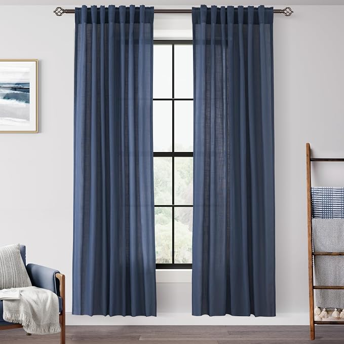 Navy Blue Curtains 80 inch Length for Bedroom Back Tab Light Filtering Semi Sheer Blue Living Room Curtains Linen Cotton Textured Indigo Blue Drapery Panel Modern Farmhouse Aesthetic Decor Dark Blue