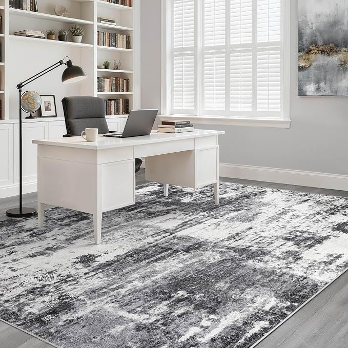 9x12 Area Rug Living Room: Washable Large Neutral Rug Abstract Soft Modern Stain Resistant Indoor Floor Non-Slip Carpet for Bedroom Nursery Kids Office Playroom Dining Room Under Table- Black White