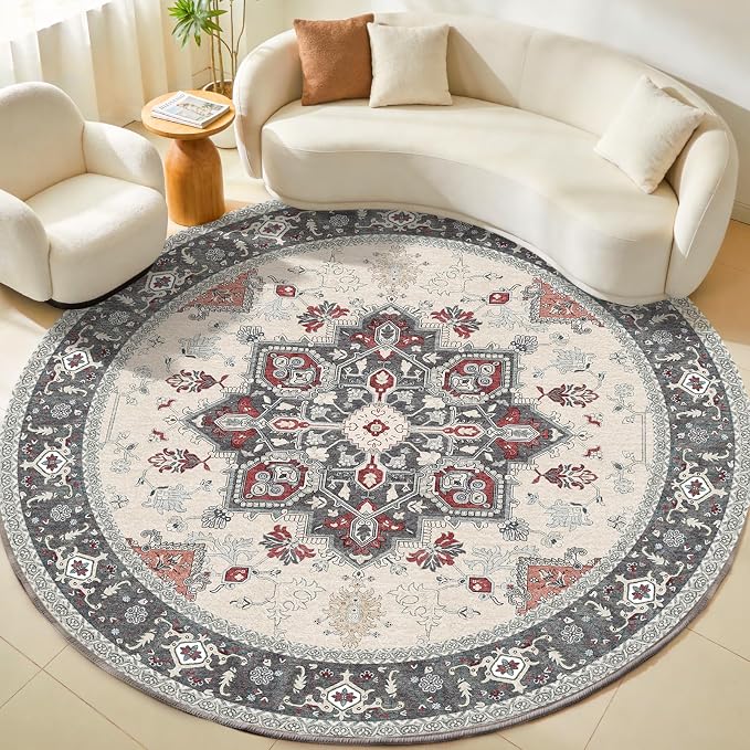 OPPODREAM Soft Round Rug 8ft, Play Room Rug, Washable Circle Rug 8ft with Non Slip Backing, Small Low-Pile Area Rugs 8 ft, Faux Cashmere Throw Carpet, Black & Red