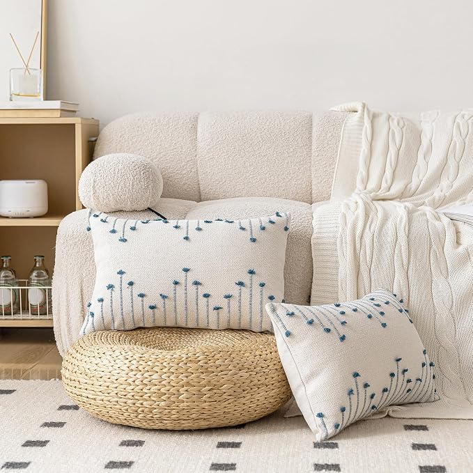 LILEPOY Boho Throw Pillow Covers 12x20 Set of 2 Neutral Decorative Textured Cushion Case Farmhouse Pillowcase Modern Lumbar Pillow Covers for Sofa,Couch, Living Room,Beige and Blue