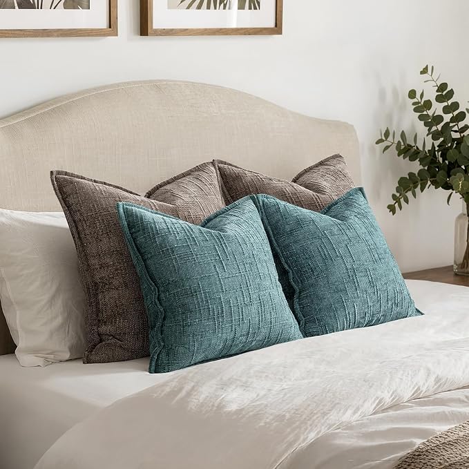 MIULEE Slubby Textured Decorative Throw Pillow Covers 18x18 Inch Set of 2 Boho Farmhouse Soft Cozy Chenille Pillows Cushion Cases Modern Home Decor for Couch Sofa Bed Living Room, Teal
