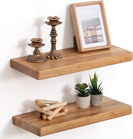 Floating Shelves for Wall, 18"Wx8"D Rustic Solid Elm Wood Floating Shelves Wall Mounted, Round Edge Wall Shelves with Invisible Bracket for Living Room Bathroom Bedroom Kitchen, Set of 2, Natural