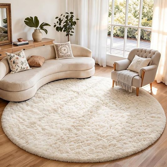 Ophanie Round Rugs 8Ft Ivory Circle Area Rug, Aesthetic Room Decor, Fluffy Fuzzy Bedroom Carpet, Plush Soft Shaggy Cream Living Room Rugs for Kids Home Decor, Nursery