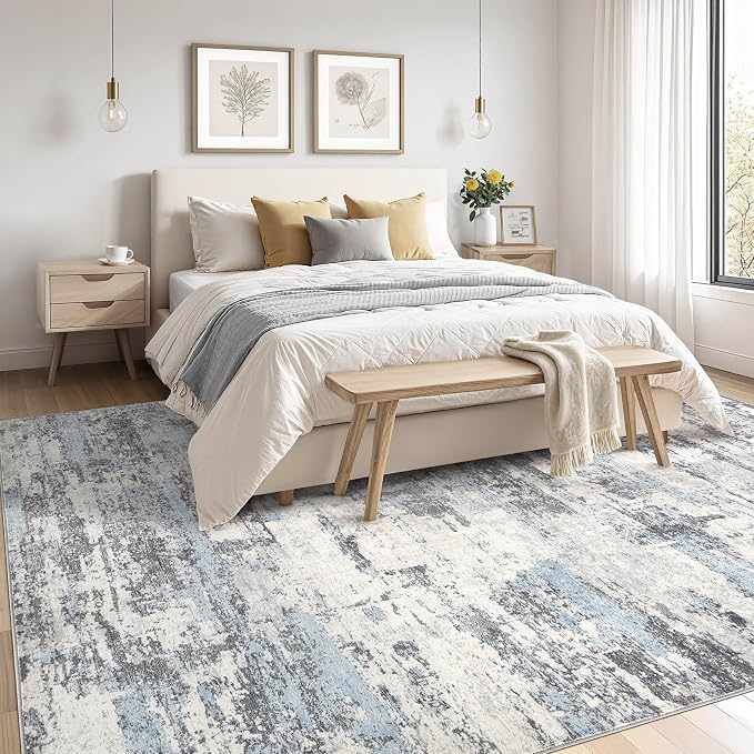 Area Rugs for Living Room: 4x6 Abstract Washable Rug Modern Neutral Large Soft Stain Resistant Non-Slip Backing Machine Table for Bedroom Dining Room Indoor Home Office Carpet - Blue Grey