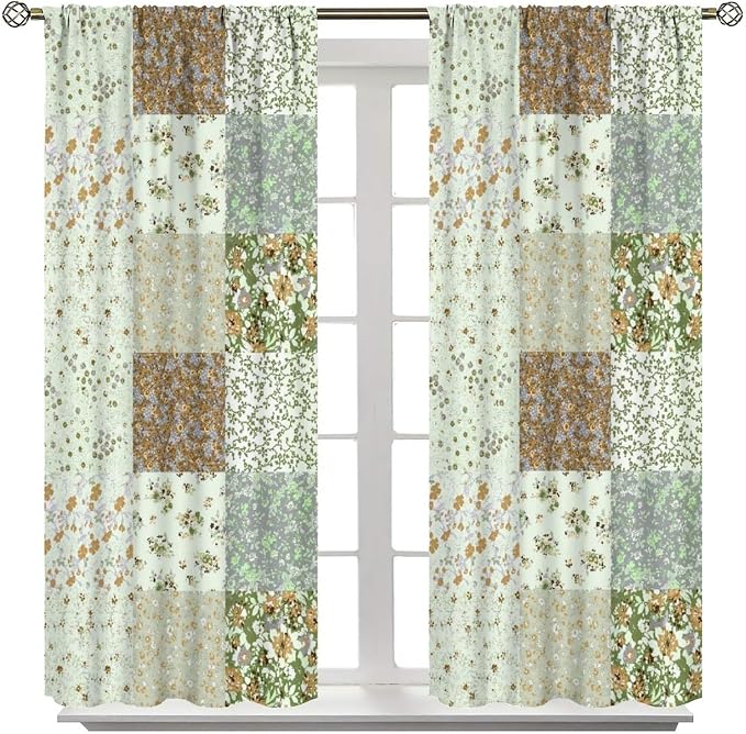 Boho Flower Patchwork Blackout Curtains Farmhouse Patchwork Quilted Country Check Print Window Drapes for Bedroom Living Room Kitchen Cafe （W21xL63 Inch） x2 Panels
