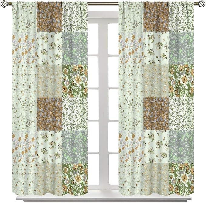 Boho Flower Patchwork Curtains Farmhouse Patchwork Quilted Country Check Print Window Drapes for Bedroom Living Room Kitchen Cafe （W20xL45 Inch） x2 Decor