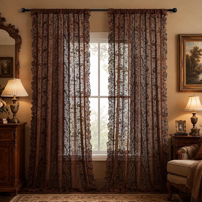 TUDECO Brown Sheer Curtains 84 Inches Long, Farmhouse Floral Brown Lace Curtains for Bedroom Living Room, Rod Pocket Cottagecore Ruffle Boho Drapes, Light Filtering & Privacy, 59W x 84L Inch