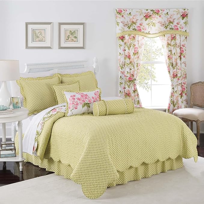 Waverly Emma’s Garden 4-Piece Quilt Set – King - Blossom Floral Print - 100% Cotton with Scalloped Edge & Striped Bed Skirt