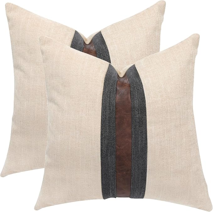 Set of 2 Leather Throw Pillow Covers Cotton Linen Decor Patchwork Pillow Cover Faux Leather Pillows Cover for Couch Sofa Living Room Bedroom,Beige 20"x20"