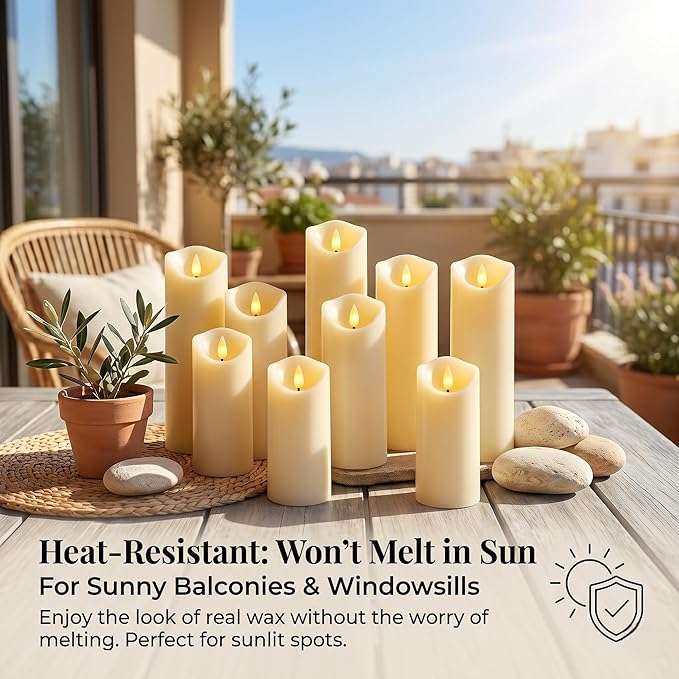 Enido 9pcs Flameless Candles with Remote, 2.2" x 5/6/7" Heat-Resistant Plastic LED Pillar Candles, Battery Operated Moving Wick Fake Candles with Timer, Realistic for Wedding, Outdoor, Home Decor