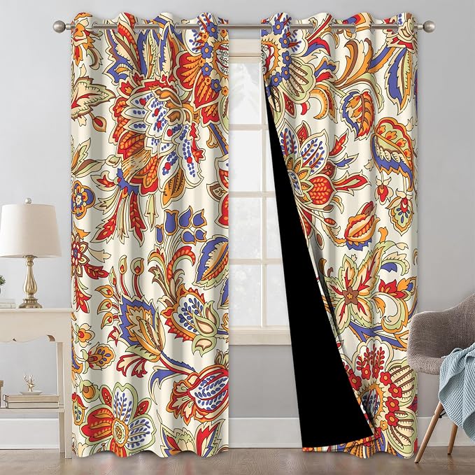 Boho Blackout Curtains for Bedroom and Living Room, Bohemian Floral Black Out Curtains 84 Inch Long, Light Filtering Soundproof Bedroom Curtains 2 Panel Sets, Room Darkening Curtains with Tiebacks