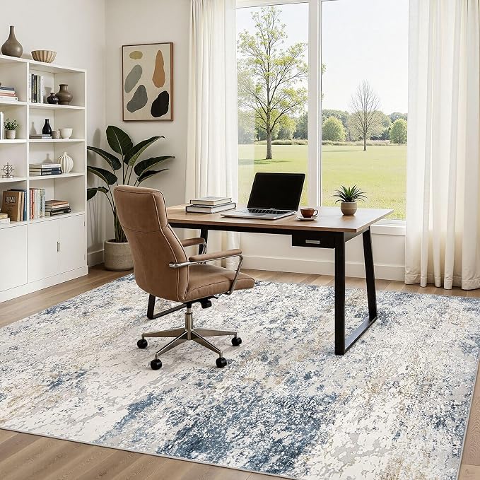 Area Rug Living Room Rugs - 5x7 Abstract Large Soft Indoor Washable Rug Neutral Modern Low Pile Carpet for Bedroom Dining Room Farmhouse Home Office - Beige Blue