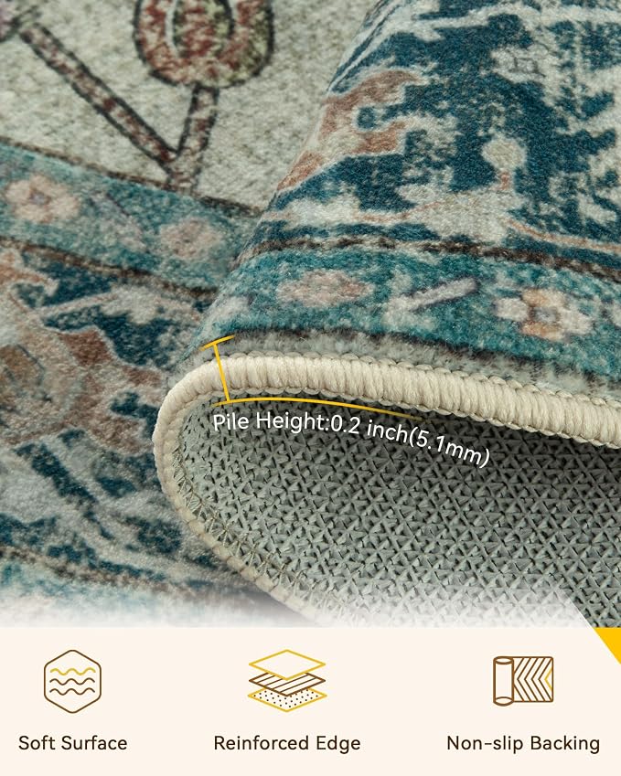RELEANY Area Rugs Round 7ft Washable Non-Slip, Floral Vintage Distress Medallion Carpet for Living Room Bedroom Dining Room, Dark Blue Vintage