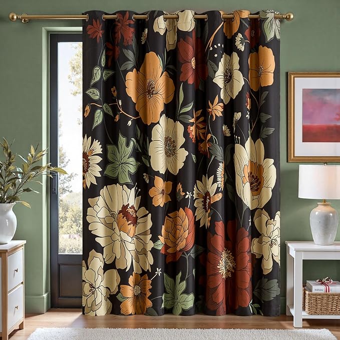 jinchan Lora Floral Curtain for Living Room Blackout Drape for Sliding Door Extra Wide Room Darkening Fall Decor Vintage Boho Flower Print Patio Door Curtain Grommet 1 Panel W100xL84 Inch Black