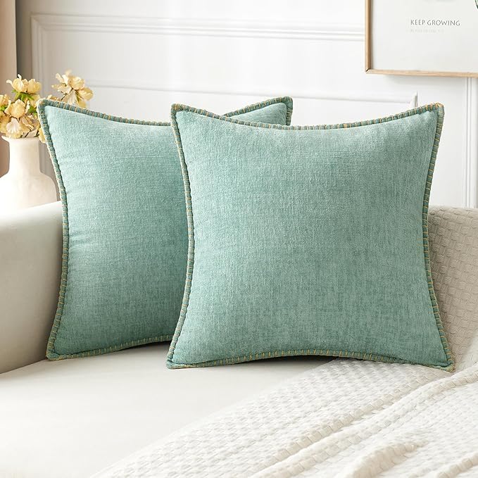 MIULEE Pack of 2 Summer Throw Pillow Covers 18x18 Inch Aqua Green Farmhouse Decorative Pillow Covers with Stitched Edge Soft Chenille Solid Dyed Pillow Covers for Couch Sofa Bed Living Room