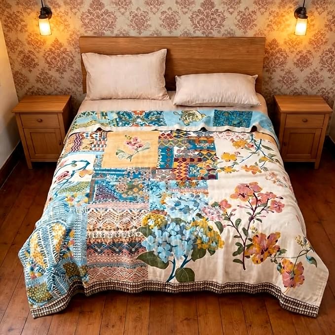 Ownkoti Throw Blanket for Bed, 90"x 90" Quilted Cotton Blanket Reversible Cover for Sofa Chair (Puzzle)