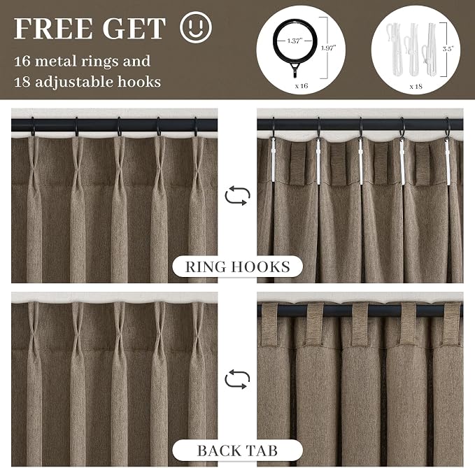 Pinch Pleated Curtains 90 Inches Long 1 Panels Set,Natural Cream Semi Sheer Cotton Blend Fabric Aesthetic Advanced Curtain Drapes for Living Room Bedroom,60x90 inch Length