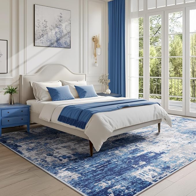 RELEANY Washable Area Rugs 4'x5' Non-Slip Modern Abstract Soft for Living Room Entryway Bedroom Kitchen, Print Pattern, Blue Grey Navy Gray