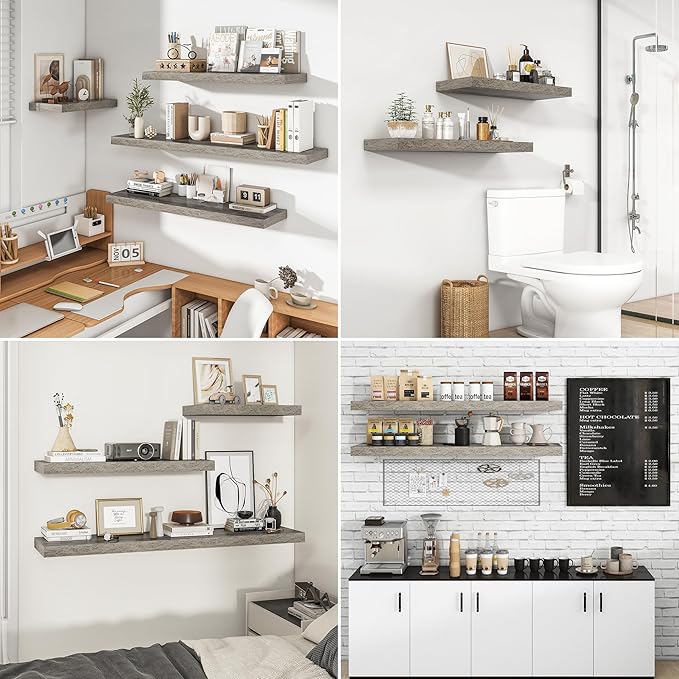 RICHFOCUS 48Inch Floating Shelves for Wall 2 Pack Shelves for Bedroom|Kitchen|Bathroom Wall Mounted Rustic Wood Floating Shelf with Invisible Brackets for Books|Storage|Decor, Grey