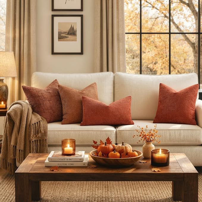 MIULEE Pack of 2 Fall Burnt Orange Decorative Pillow Covers 20x12 Inch Soft Chenille Couch Throw Pillows Farmhouse Cushion Covers for Home Decor Sofa Bedroom Living Room