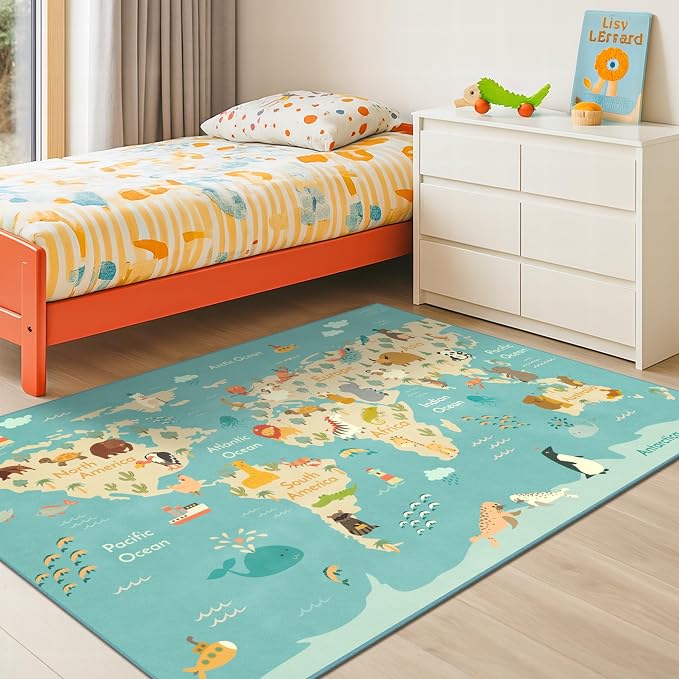Washable 4x6 Kids Rug for Playroom – Educational Large Area Rug for Children, Toddlers, Non Slip Backing & Soft - Cute Animal, Featuring Continents World Map Carpet for Bedroom or Reading Corner