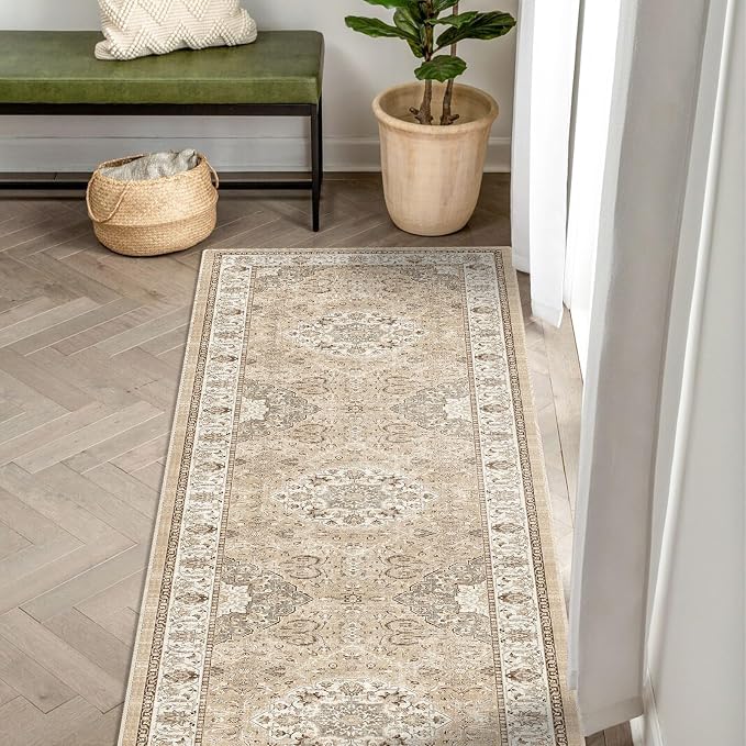 Washable 2x8 Hallway Runner Rug: Vintage Water Resistant Kitchen Entryway Rug Ultra Soft Living Room Bedroom Carpet with Non Slip Backing Indoor Low Pile Floor Mat for Bathroom Dining Room(2x8,Beige)