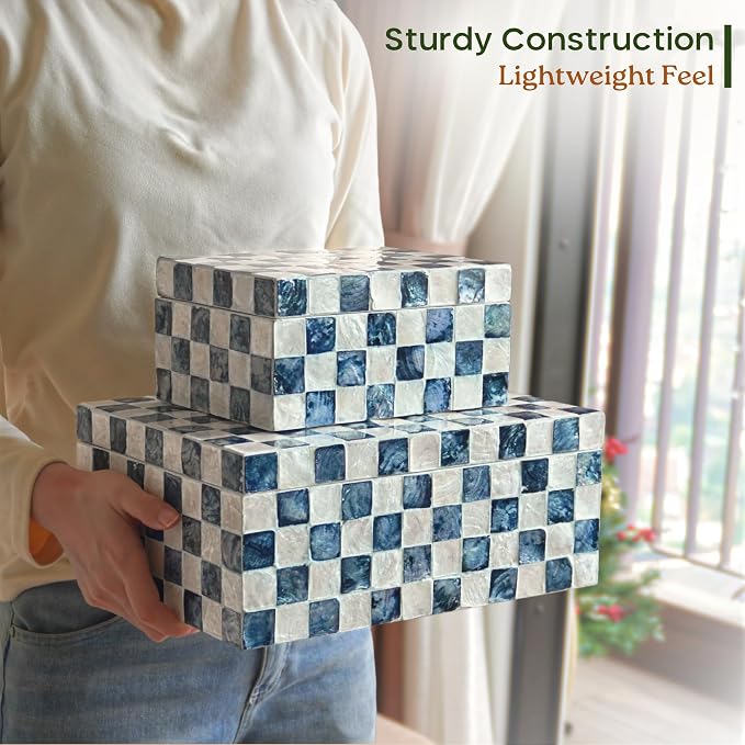 Chi An Home 12", 8" Capiz Inlaid Boxes with Lids, Navy Blue Capiz Shells Checkered Decorative Storage Boxes for Home Décor, Memory Box Keepsake Box for Photos, Letters, Accessories, Set of 2