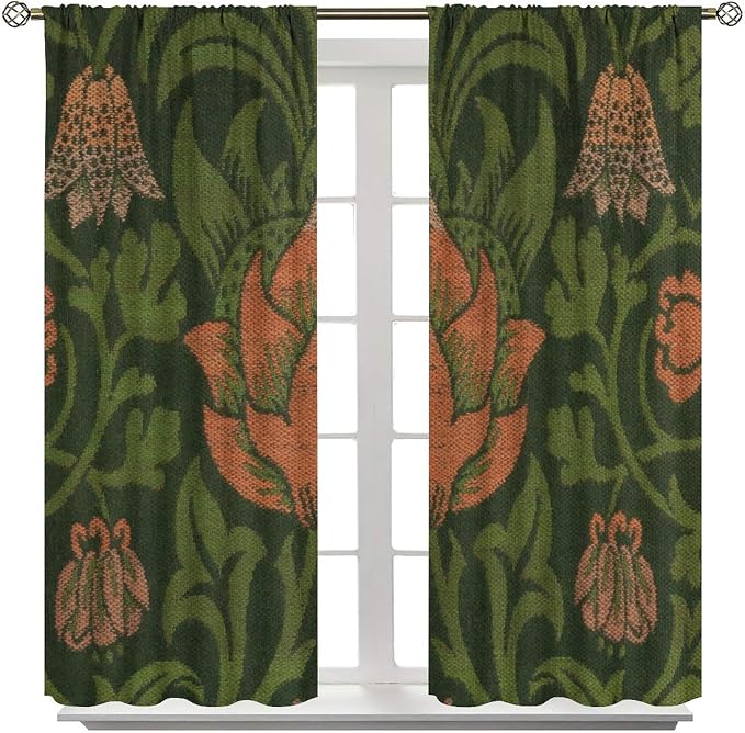 Vintage Bohemia William Morri Plant Flowers Blackout Window Curtains, Abstract Art Retro Plants Pattern Print Window Drapes, for Bedroom Living Room 21(W)*45(L) 2 Panels