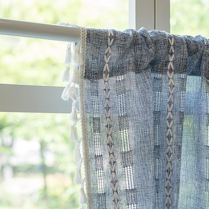 Deeprove Boho Valance Window Kitchen Curtain Over Sink, Textured Striped Drape Short Semi Sheer Privacy Tier Embroidered Chic for Cafe Restaurant Closet Bathroom, W52 x L18 inch 1 Panel Denim Blue