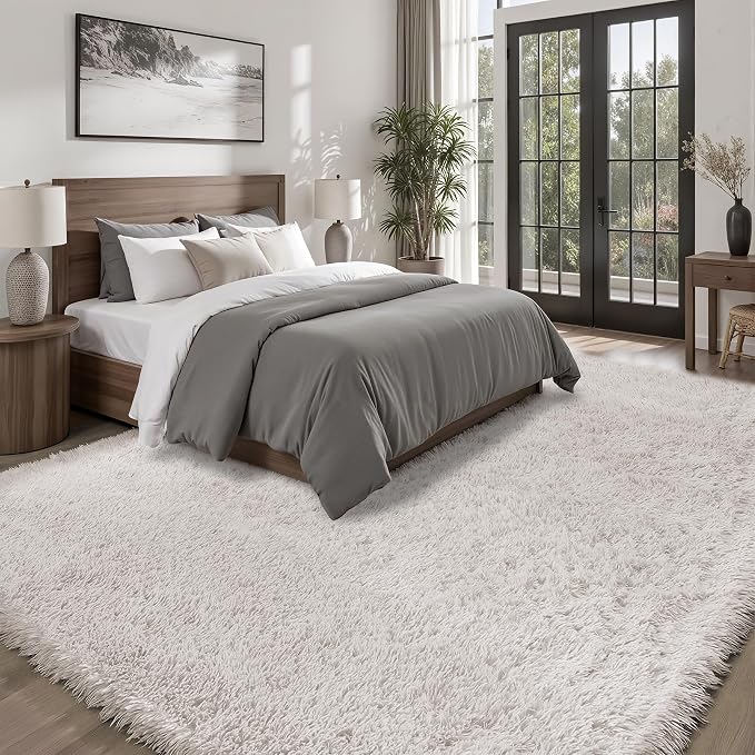 Area Rug for Living Room Bedroom: 9x12 White Soft Fluffy Shag Upgrade Non-Slip High Pile Carpet Large Fuzzy Plush Indoor Floor Decor Shaggy Rug for Kid Boys Girls Dorms Playroom Nursery Modern Home