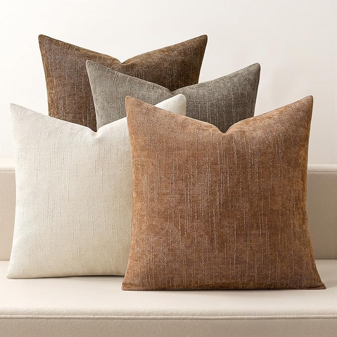 MIULEE Pack of 4 Fall Decorative Throw Pillow Covers 20x20 Inch Chenille Textured Throw Pillows Boho Farmhouse Cushion Covers Vintage Home Decor for Couch Sofa Bed Living Room，Beige Taupe Brown
