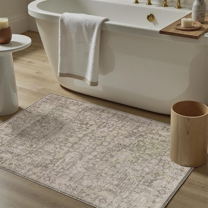 DCX Washable 3x5, Kid & Pet Friendly with Rubber Back Non Slip, Stain Resistant Vintage Rug for Living Room, Bedroom, Home Office, Soft Low Pile Farmhouse Distressed Carpet, Greige