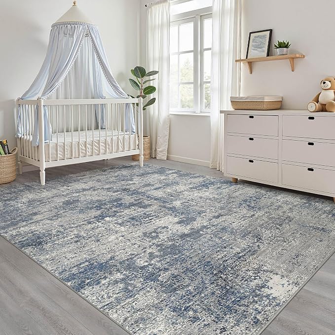 10x12 Area Rug Living Room: Washable Large Neutral Rug Abstract Soft Modern Stain Resistant Indoor Floor Non-Slip Carpet for Bedroom Nursery Kids Office Playroom Dining Room Under Table- Blue Gray